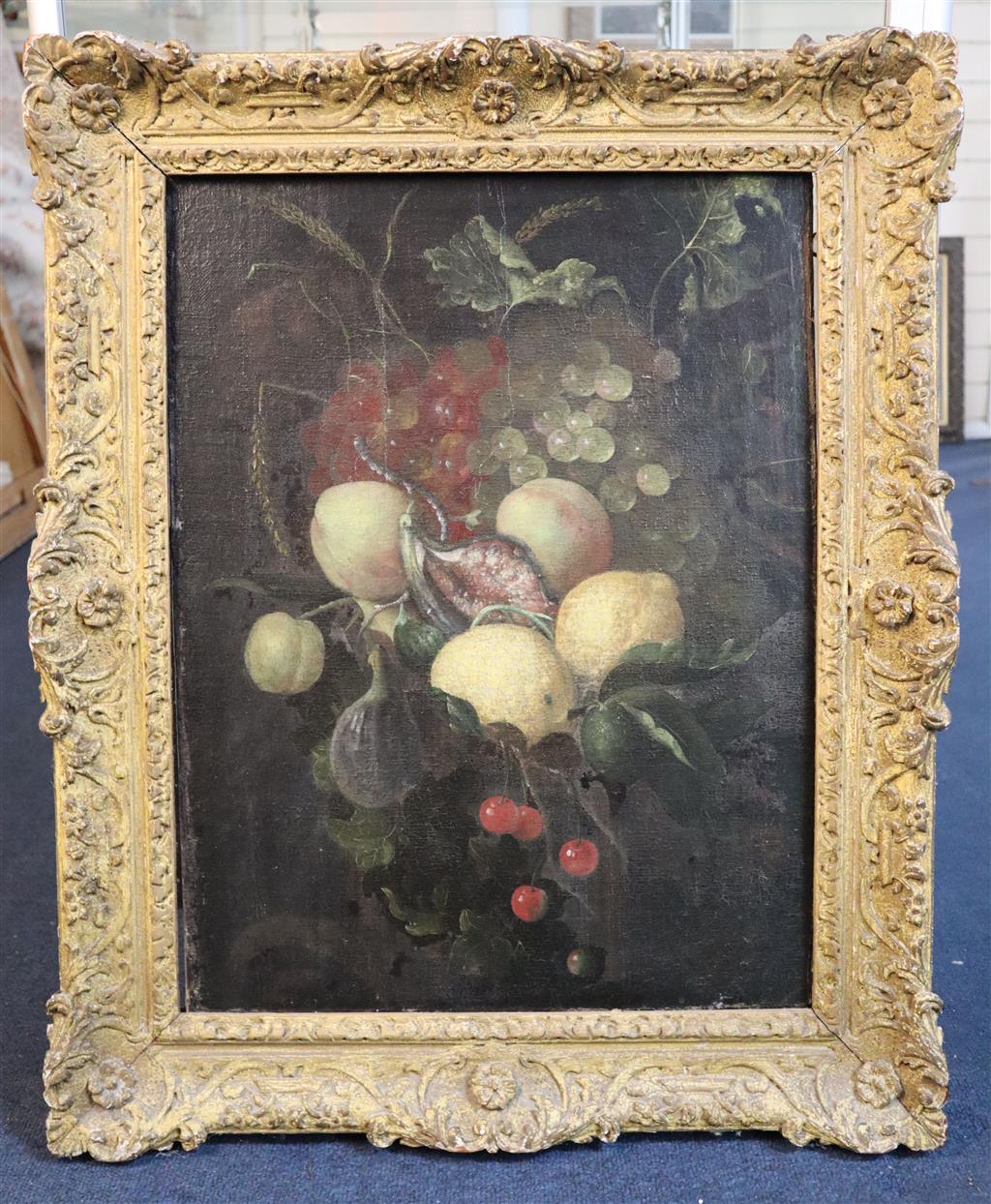 17th century Dutch school Still life of figs, lemons, plums, grapes and cherries 21 x 16in.